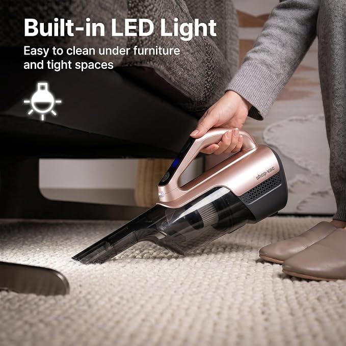 Shop-Vac S3 20V Handheld Vacuum Cordless, Dual-Speed Powerful Portable Car Vacuum Rechargeable, Wall-Mounted Lightweight Hand Vacuum for Home & Car, LED Light, HEPA Filter, Champagne Gold