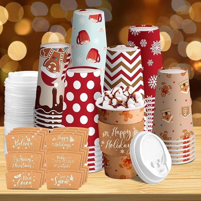 36 Sets/ 108 Pcs Christmas Paper Cups 16 oz Disposable to Go Coffee Cups with Lids and Sleeves Xmas Hot Cocoa Coffee Mug for Cold Drinks Hot Chocolate Holiday Christmas Party Supplies