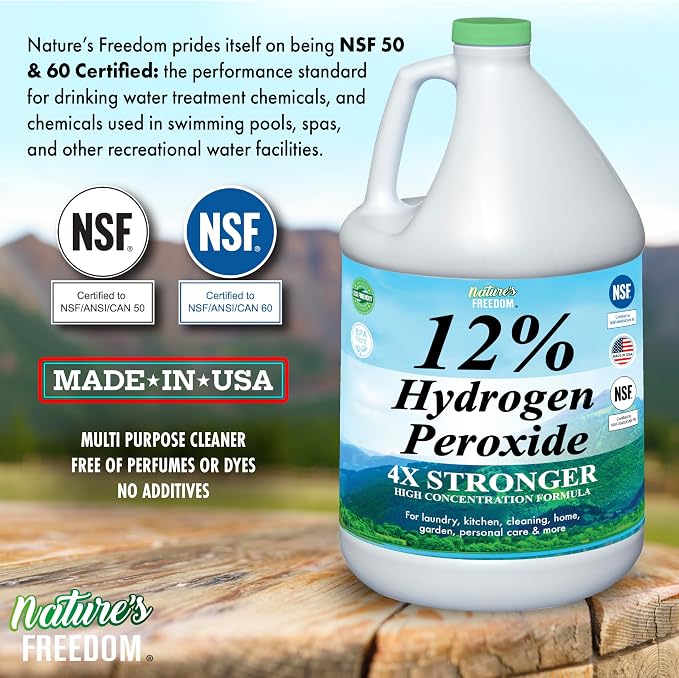Nature's Freedom 12% Hydrogen Peroxide with Hose End Sprayer, Food Grade H2O2 and Purified Water Only, NSF Certified, 1 Gallon Solution