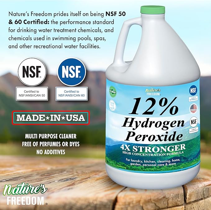 Nature's Freedom 12% Hydrogen Peroxide with Pump Sprayer, Food Grade H2O2 and Purified Water Only, NSF Certified, 1 Gallon Solution