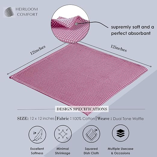 Dual Tone Waffle Weave Dish Cloth, 12 Pack, 100% Cotton, 12"x12", Super Absorbent, Fast Drying Reversible Dishcloth Set, Washcloth, Dish Rags, Soft for Cleaning, Durable, Burgundy