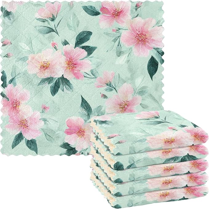 Mint Green Peony Flower Kitchen Towels Dish Cloths Set of 6 Microfiber Cleaning Cloths for Cars Super Absorbent Machine