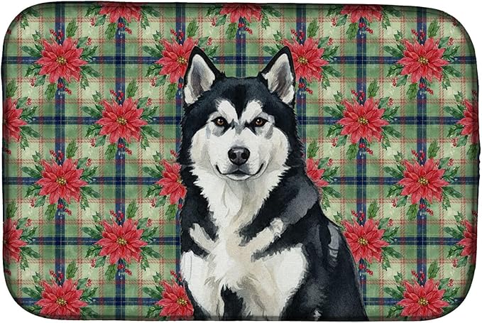 Caroline's Treasures Black and White Alaskan Malamute Christmas PoinsettIas Dish Drying Mat Absorbent Dish Drying Mat Pad for Kitchen Counter Dish Drainer Mat for Countertop, 14 x 21", Multicolor