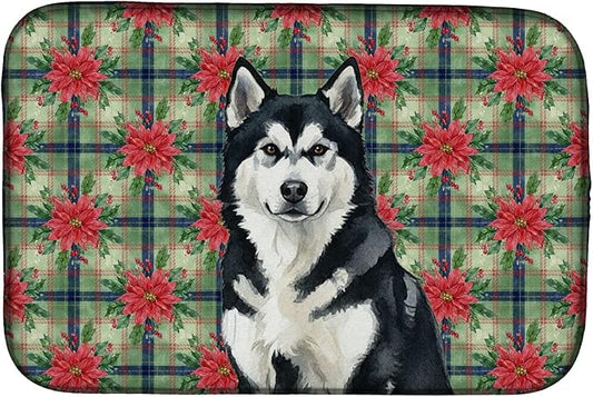 Caroline's Treasures Black and White Alaskan Malamute Christmas PoinsettIas Dish Drying Mat Absorbent Dish Drying Mat Pad for Kitchen Counter Dish Drainer Mat for Countertop, 14 x 21", Multicolor