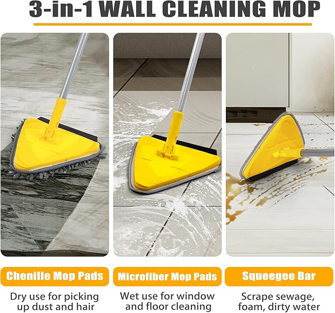 JEHONN Wall Cleaner Mop with Long Handle 80 Inches, 3-in-1 Ceiling Cleaning Tool Duster with 10 Replacement Microfiber Chenille Pads (Yellow)