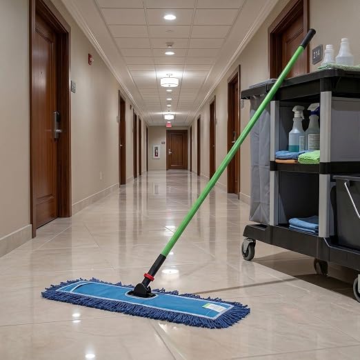Restaurantware-Clean Tek Professional 24.02 x 5 Inch Dry Floor Mop, 1 Reusable Dust Mop - 64-Inch Handle, Secure Attachment, Blue Cotton-Poly, Machine Washable, for Cleaning Home Or Office