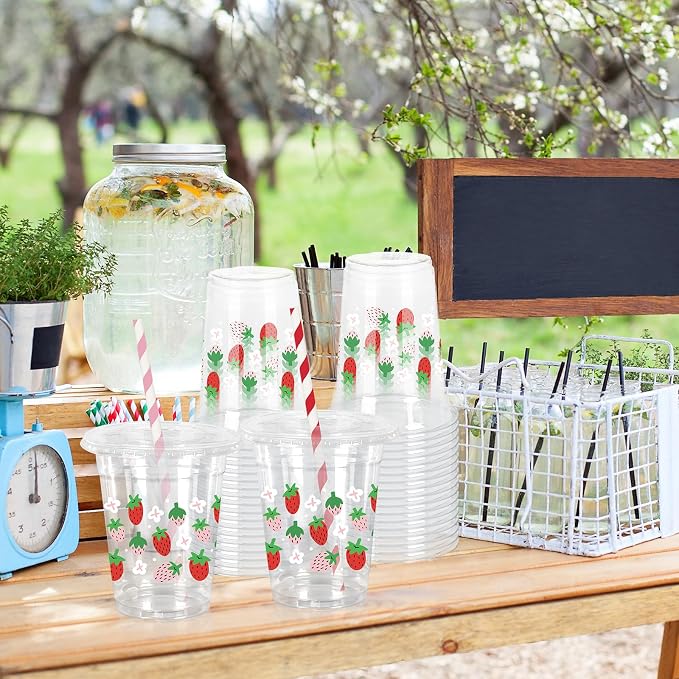 FYSUIMU 50Pcs 12Oz Strawberry Floral Plastic Cups with Lids & Straws Pink Red Strawberry Flower Clear Disposable Cups for Spring Summer Party Supplies