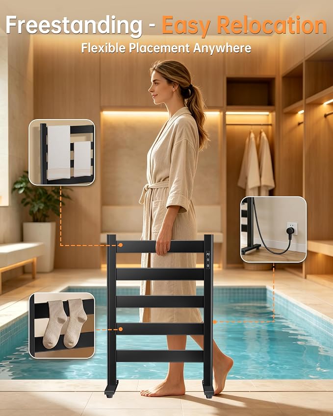 Freestanding Towel Warmer – 5-Bar Heated Towel Rack with Timer & Adjustable Temperature, Space Aluminum, Rust-Resistant, Fast Heating in About 10 Minutes for Bathroom & Spa,Matte Black