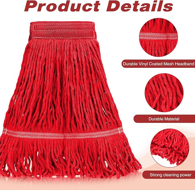 Roshtia 16 Pack Mop Head Replacement Large Heavy Duty Mop Head Commercial Replacement Looped End Cotton String Industrial Washable Mophead Refills for Commercial Industrial Home Cleaning(Red)