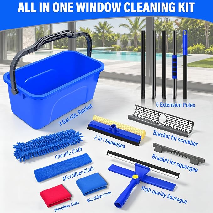 Window Cleaning Kit with Bucket 3 Gallon, 2-in1 Window Squeegee with 79" Long Handle, Professional Window Washing Equipment Cleaner Tool for Home Outdoor Commercial Use