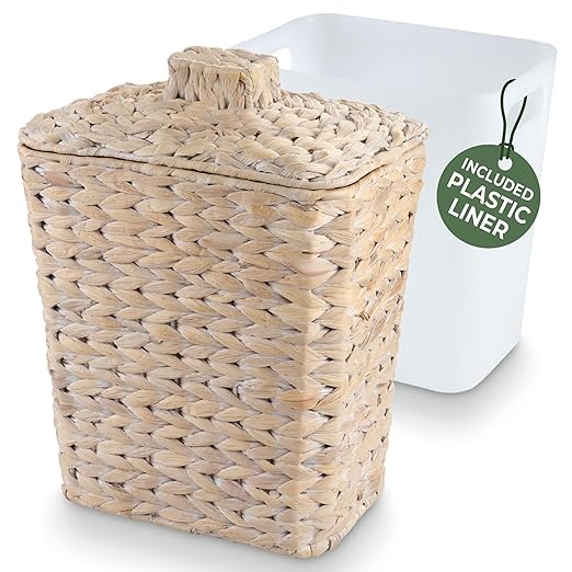 84ECO Wicker Trash Can with Lid and Liner - Rattan Trash Can for Bathroom - Decorative Wicker Waste Basket for Bedroom, Kitchen and Office (White)
