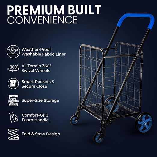SereneLife Large Folding Utility Shopping Cart with Removable Liner – Heavy Duty, 360° Swivel Wheels, 110 lb Capacity, Portable for Groceries, Laundry, Luggage, and More (Blue)