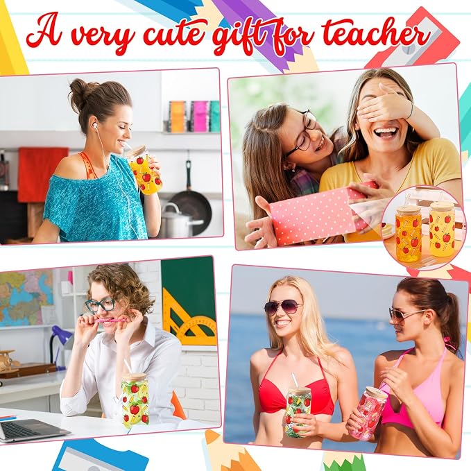 Sliner 2 Pcs Teacher Glass Cups Teacher Appreciation Gifts Iced Coffee Tumbler with Lid Straw End of Year Gifts for Teachers Students, 16 oz Pencil and Apple Drinking Glasses