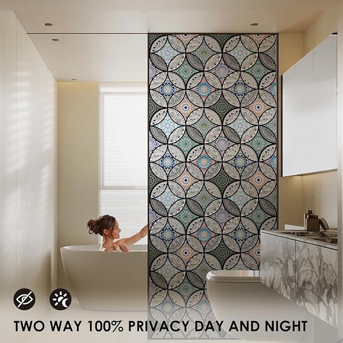 DKTIE Static Cling Decorative Window Film with Installation Tools Non Adhesive Privacy Film Stained Glass Window Film for Bathroom Shower Door Heat Cotrol Anti UV 17.7 x 118.1 Inch