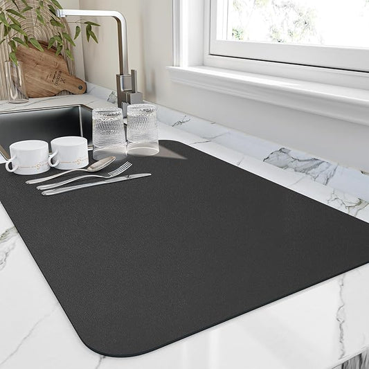 HotLive Dish Drying Mat for Kitchen Counter, Heat Resistant Drainer Mats with Non-slip Rubber Backed, Hide Stain Kitchen Super Absorbent Draining Mat, Easy to Clean Dish Rack Pad, Black 16"x18"