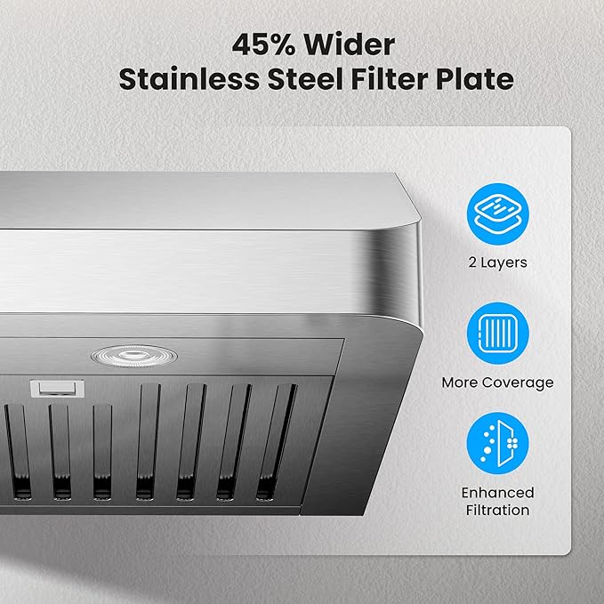 VIKIO HOME Under Cabinet Range Hood 36 Inch, 980CFM Fast Venting Kitchen Hood With 3 Speed Gesture Sensing & Touch Control, Stainless Steel Stove Hood With LED Light And 2 Baffle Filters