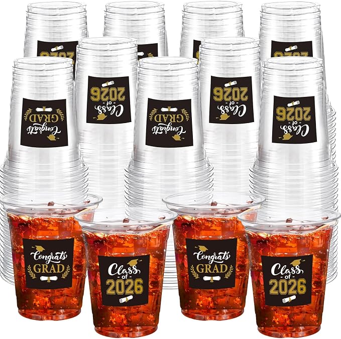 Amyhill 100 Pack 12oz Graduation Cups 2026 Graduation Decorations Disposable Plastic Cups Sturdy&Durable Drinkware for Class of 2026 Decorations Congrats Grad Party Favors Supplies (Black)