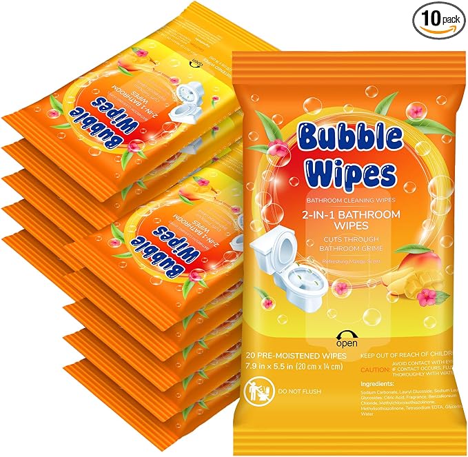 10 Pack Bathroom Cleaning Wipes 200 Count Mango Scent 2-in-1 Wipes Cleaner for Bathroom Toilet, Sink, Tile & Shower -Reusable Sealable Pouch, No Scrubbing Needed