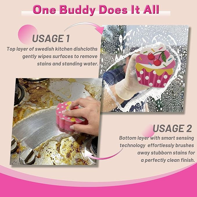Bulimumu 3-Layer Food Shape Dish Sponge (6 Pack) - Swedish Dishcloth Top + Soft Sponge Middle + Smart Temperature-Sensing Scrubber - Dual-Action Non-Scratch Kitchen Cleaning
