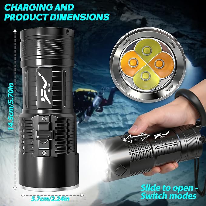 Scuba Dive Light - 5000LM Super Bright Rechargeable Waterproof Torch, 6 Modes Underwater Lights, Scuba & Snorkeling Safety Diving Flashlight for Deep Sea Snorkeling