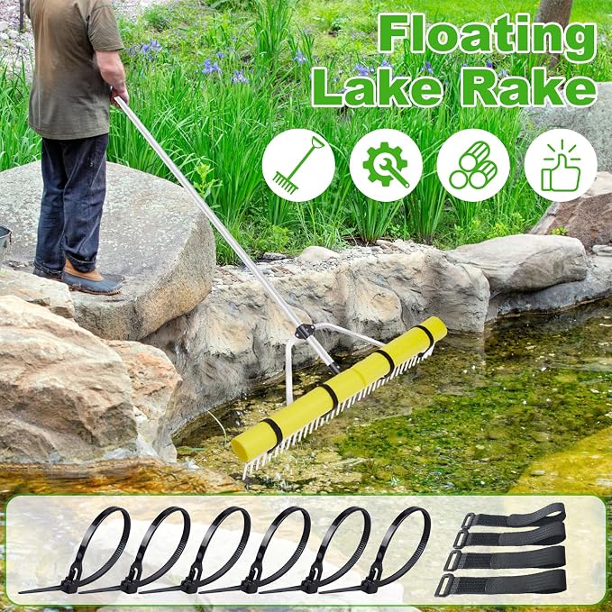 Pond Rake Aquatic Weed Rake,Detachable Float Lake Rakes,Aluminum Landscape Rake for Outdoor Pond with Extension Rope,Weed and Algae Removal,Upgraded Rakes Foam Fixing Velcro and carabiners
