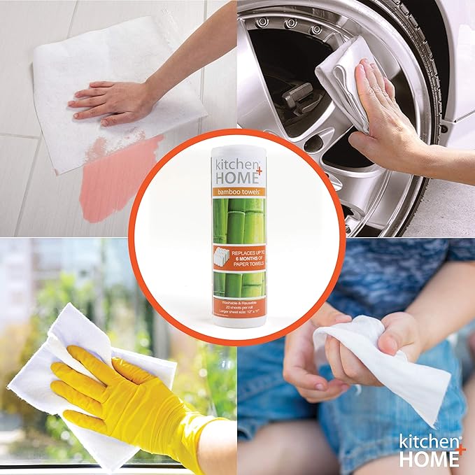 Kitchen + Home Paper Towel Alternative – Heavy Duty Washable Reusable Rayon Towels Made From Bamboo - One roll replaces 6 months of towels! 4 Pack