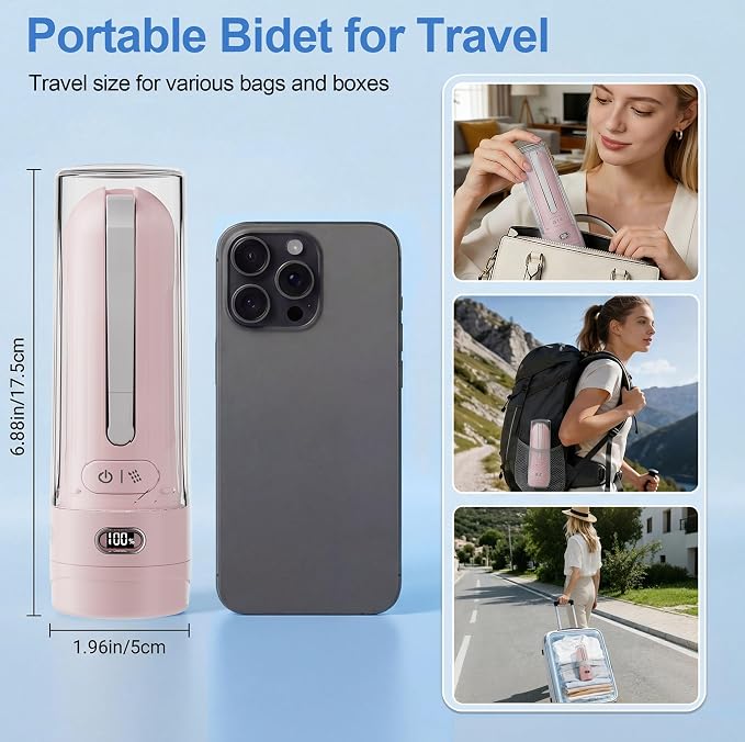 Electric Portable Bidet Toilet Aids Wiper Tool Set, Pink | 2-in-1 travel hygiene kit 15.7" extended length wiping tools 1600mAh Long-lasting Battery USB-C Rechargable IPX7 Waterproof