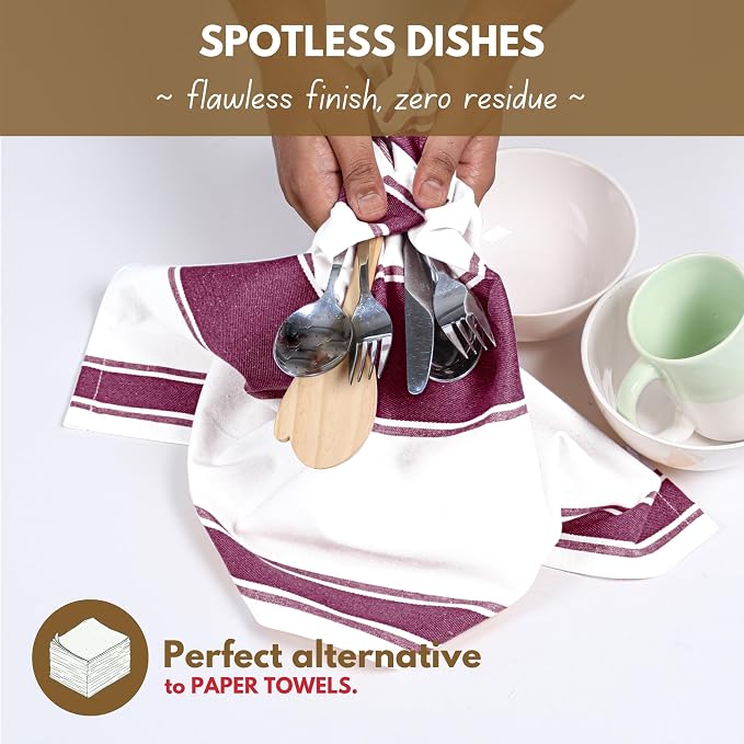 Native Fab Farmhouse Kitchen Towels 18"x28", 12 Pack, Wide Stripe, Super Absorbent, Quick Dry, 100% Cotton Towels for Hand, Dishes Drying, Cleaning Dishcloth Set with Hanging Loop - Burgundy (Maroon)