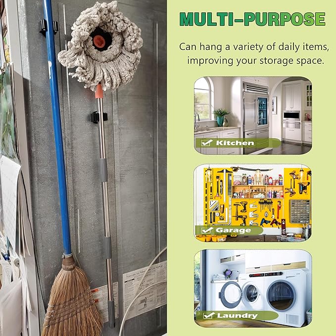ULIBERMAGNET Magnetic Mop Broom Holder,Heavy Duty Movable Magnetic Broom Holder Rack,Anti-slip Wall Mounted Utility Storage Mop Shovel Hanger for Garage, Kitchen, Laundry, Garden(6 Pack/Black)