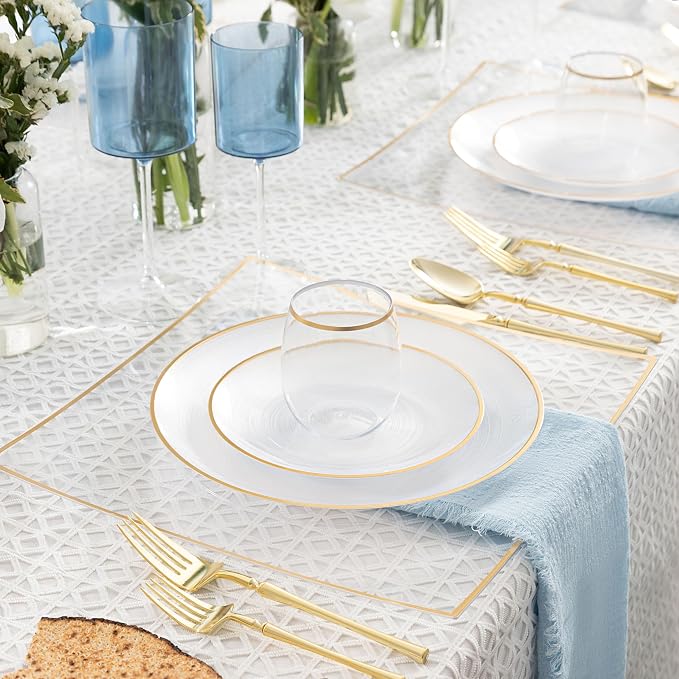 PLASTICPRO 128 Pieces Crystal Design Plastic Plates Combo Pack 7 inch and 10 inch Gold Rim Elegant Disposable Plates, Pearl White