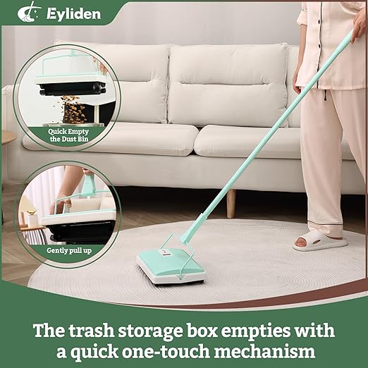 Eyliden X-Large Carpet Sweeper - Quiet Manual Sweeper for Carpets & Rugs | 1 Extra Refill Roller Brush, Non-Electric, Hand Push, Quietly Cleans Debris and Messes, Restaurant Roller Broom, Mint