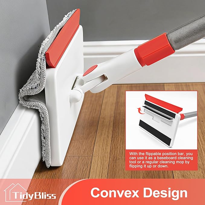 Baseboard Cleaner Tool with Handle, 55.9” Long Wall and Base Board Cleaning Mop, 4 Reusable Pads, 1 Stiff Bristle Scrubber Brush for Floorboard Ceiling Cabinet Window Bathroom Kitchen (Red)