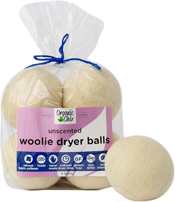 Organic Chix All Natural Unscented Dryer Balls - 100% Pure Wool, Reusable & Natural Alternative to Fabric Softener & Dryer Sheets - Handmade in USA, Non-GMO (4 Pack, 1000+ Loads)