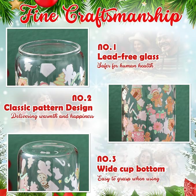 Sliner 2 Pcs Gingerbread Glass Cups Summer Christmas Tumbler with Lid Straw Xmas Drinking Glasses 16 oz Iced Coffee Cup with Cleaning Brush Beer Can Tumbler Cute Holiday Gifts