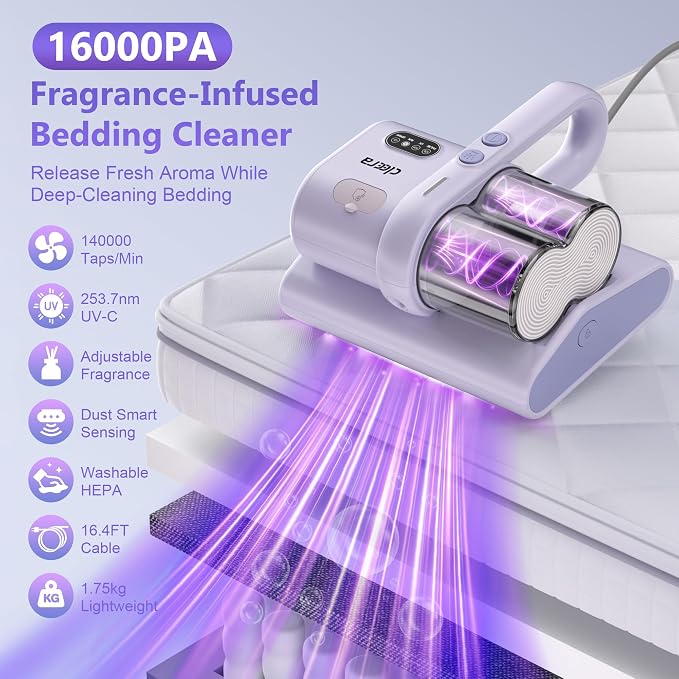 Mattress Vacuum Cleaner, 16KPa Suction, 14000RPM Tapping, 253.7nm UV-C Dual Optical Sensors, 400W Bed & Couch Vacuum, Dual Brushroll, Smart Dust Sensor, HEPA Filtration for Sofa Crib Carpet