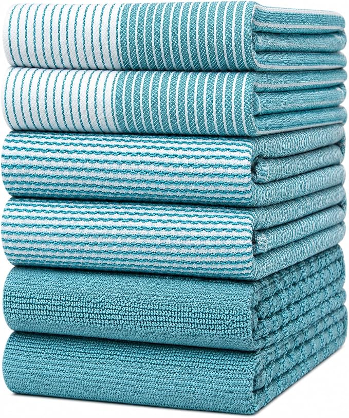 Premium Kitchen Towels (20”x 28”, 6 Pack) | Large Cotton Dish Towels | Flat & Terry Highly Absorbent Kitchen Linen Set with Hanging Loop | Aqua