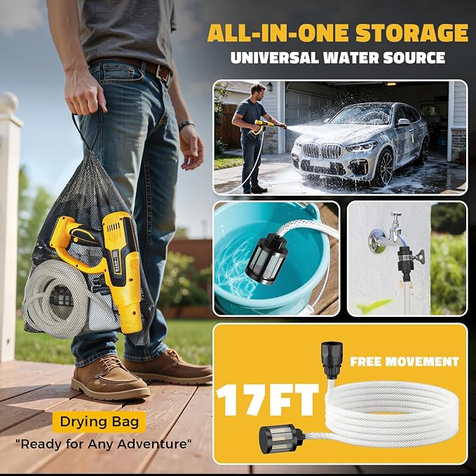 Ecarke 1200PSI Cordless Portable Washer Compatible with DeWalt 20V Batteries, 6-in-1 Nozzle Foam Cannon for Car Floor (Tool Only, No Battery Included)
