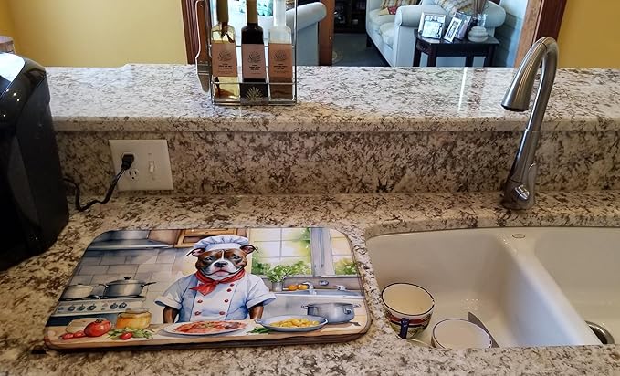 Caroline's Treasures DAC6330DDM Staffordshire Bull Terrier The Chef Dish Drying Mat Absorbent Dish Drying Mat Pad for Kitchen Counter Dish Drainer Mat for Countertop, 14 x 21", Multicolor