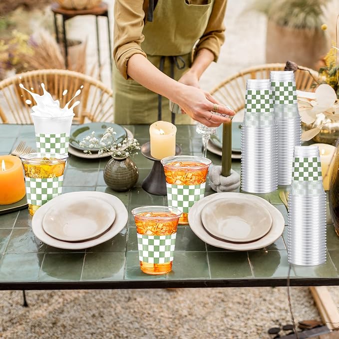 SiliFine 50 Pcs 12 oz Green Checkered Plastic Cups Clear Disposable Gingham Plaid Party Cups for Birthday Baby Shower Picnic BBQ Garden Golf Party Decorations