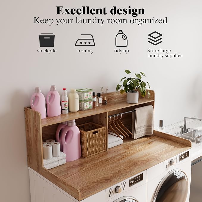 Unionly 2-Tier Washer Dryer Countertop with Clothes Rail，Laundry Topper with Edge and Non-Slip Pad for Washer and Dryer Laundry Hamper Counter Storage Organization (Light Oak Brown, Full)