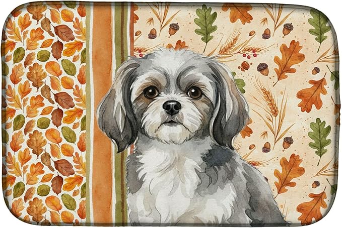 Caroline's Treasures Grey and White Tibetan Spaniel Heirloom Fall Dish Drying Mat Absorbent Dish Drying Mat Pad for Kitchen Counter Dish Drainer Mat for Countertop, 14 x 21", Multicolor