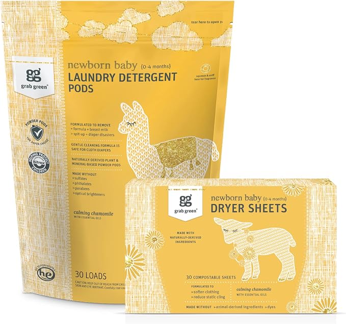Grab Green Newborn Baby Laundry Pods and Dryer Sheets Bundle | 30 Count Pods and 40 Dryer Sheets; Calming Chamomile; Plant & Mineral-Based; No Harsh Chemicals