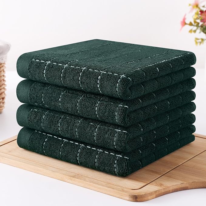 Homaxy 100% Cotton Terry Kitchen Towels(Blackish Green, 13 x 28 inches), Checkered Designed, Soft and Super Absorbent Dish Towels, 12 Pack