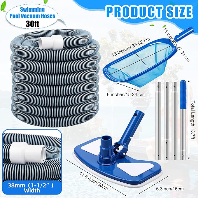 4 Pcs Swimming Pool Vacuum Kits 11.8" Vacuum Head with 1-1/2" x 29.5 ft Hoses, 13.7ft Pole and 17" Skimmer Net Flexible Head with Wheels for Above Ground Inground Hot Tub Cleaning Tool