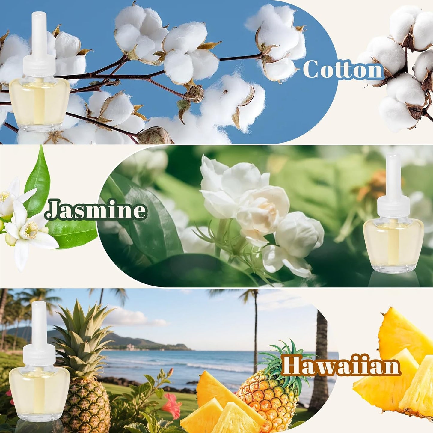 Plug-in Air Freshener Refills - Hawaiian Jasmine Cotton Scented Essential Oil Refills 6 Count Long-Lasting Fragrance - For Room and Bathroom, Compatible with Air Wick,Compatible with Glade