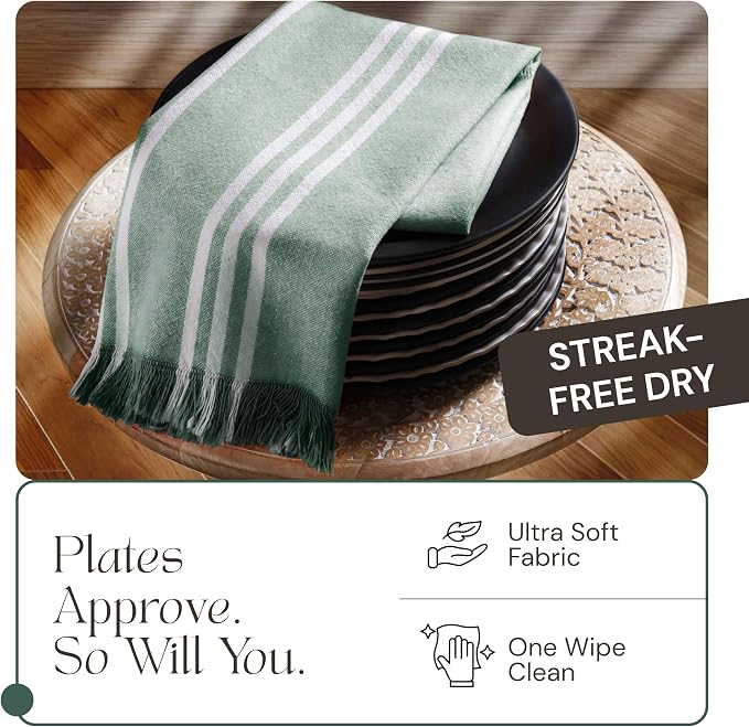 Monochrome Stripe Kitchen Towels 12 Pack, 16x26 Inch, 100% Cotton, Super Absorbent & Quick Dry, Durable, Fringed Dish Towel for Drying Dishes, Washable, Everyday Use, Forest Green