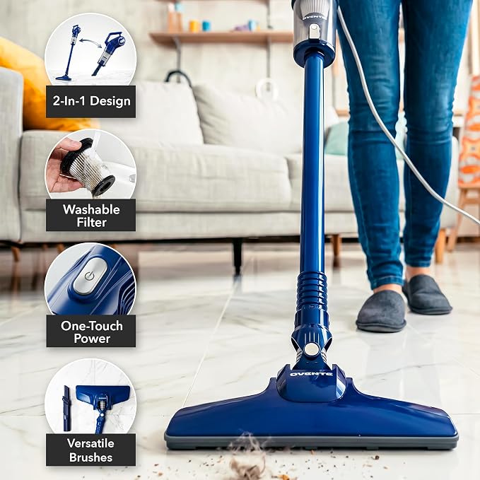 OVENTE Corded Stick Vacuum Cleaner, 2-in-1 Lightweight Bagless Vacuum Cleaner with 450W Motor, 14Kpa Powerful Suction and Washable Filter for Home, Car, Pet Hair, Carpet and Hard Floor, Blue STV345BLS