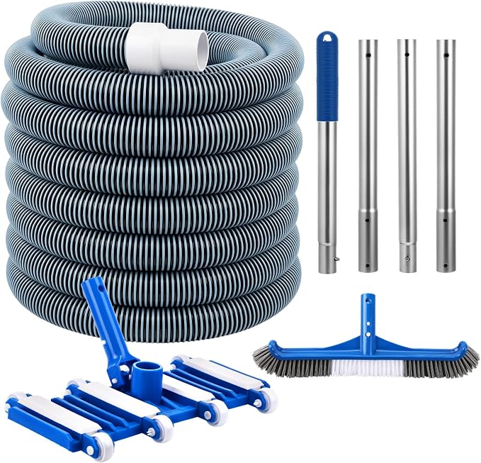 4 Pcs Swimming Pool Cleaning Kit Including Pool Vacuum Head with 1-1/2" x 30 ft Hoses Flexible Head with Wheels and Pole 14 '' Cleaning Brush for Inground Above Ground Swimming Supplies