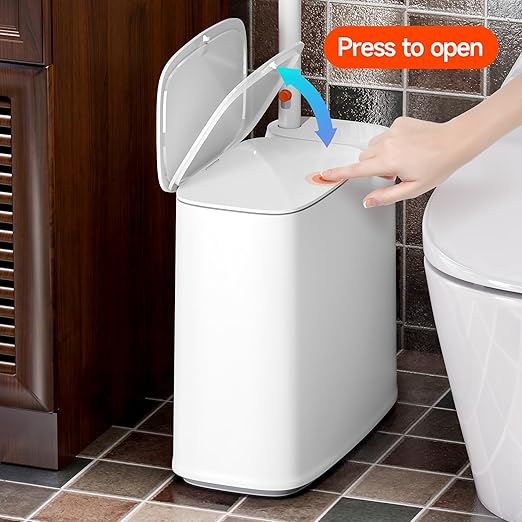 CTIME Bathroom Trash Can Set - Narrow White Plastic Small Trash can, a Toilet Wand, Toilet Brush Holder and 36 Refills, 2 Gallon Trash can with pop-up lid, Suitable for bathrooms and Small Toilets.