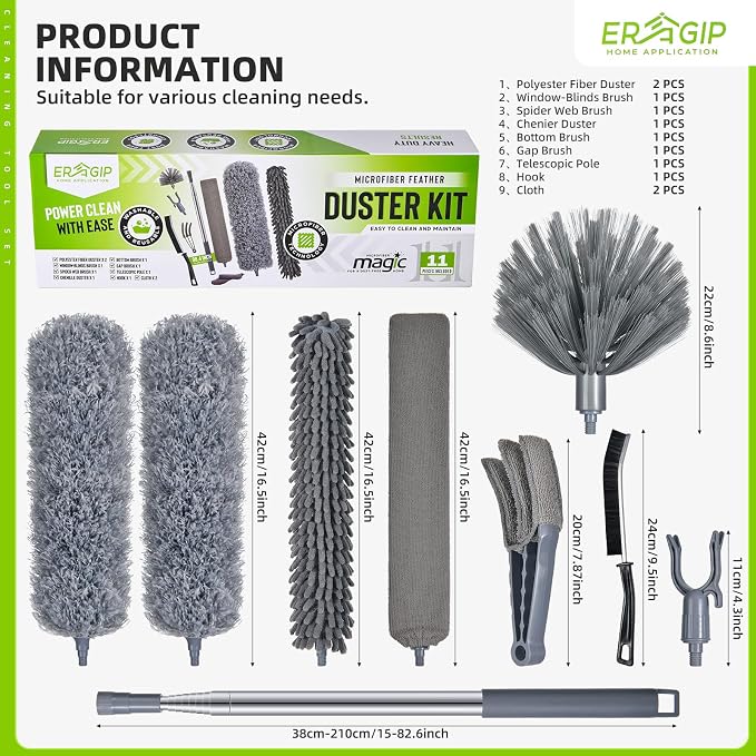 Extendable Feather Duster with Extension Pole 30 to 100 Inches, 11 Pcs Cleaning Kit with Microfiber Feather Dusters, Crevice Cleaning Brush, for Cobwebs, Blinds, Furniture, High Ceilings & Cars